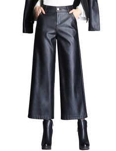 PRICES MAY VARY. Two side pockets Zip fly with button closure, wide leg High waist, ankle length, high-quality fabric, fashion Black PU faux leather palazzo pants US SIZE, good match with PU faux leather jacket, sweater, shirts, high heels, etc Machine wash Leather Culottes, Effortless Outfit, Leather Pants Women, Leather Pant, Wide Leg Cropped Pants, Mother Denim, Black Turtleneck, Faux Leather Skirt, Faux Leather Pants