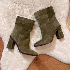 These Gorgeous Vince Camuto Dantania Boots Are Olive Green Suede, Inside Zippers For Easy On/Off. Seude Covered Heel. No Signs Of Wear, But No Box Or Bags. Questions, Ask Me! Olive Suede Boots Outfit, Chic Suede Closed Toe Heeled Boots, Fall Suede Boots With Wrapped Heel, Suede Boots With Padded Heel And Round Toe, Green Suede Boots For Spring, Chic Green Heeled Boots With Round Toe, Chic Green Closed Toe Boots, Green Boots With Stacked Heel And Round Toe, Olive Leather Boots For Fall