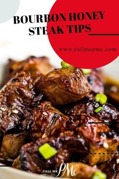 bourbon honey steak tips in a white bowl