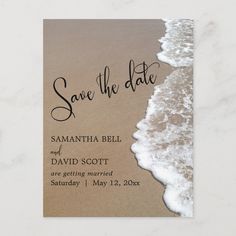 save the date card with waves coming in from the beach