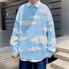 Blue Outfit Men, Blue Sweater Outfit, Cloud Sweater, Soft Boy Outfits, Sweater Outfits Men, Lazy Style, Jumper Outfit, Style Sweater, Light Blue Sweater