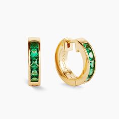 Green Emerald Cut Inset Hoop Earrings - Women's Gold Hoops - JAXXON Mens Earrings Hoop, Solid Gold Chains, Diamond Simulant, Green Diamond, Silver Shop, Emerald Earrings, Mens Gold, Green Emerald, Fun Earrings