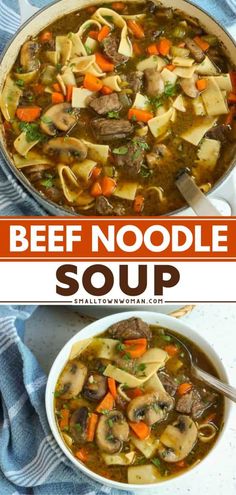 beef noodle soup with carrots and noodles in a white bowl