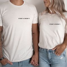 Have a special place you both share? Keep it close to your heart with this his and hers T-shirt.  Personalise it with the special location- whether it be where you had your first date, your hometown, your favourite city, this is a his and hers matching tshirt made just for you.  How it works: 1. Purchase the tshirt (S)  2. Send us the address of the location.  3. We'll find the coordinates and print them on the tshirt  - Bella and Canvas 3001  - Crew Neck - Comfy, unisex fit - His and Hers Fabri Cute Couple Tshirt Ideas, Couples Wedding T-shirt With Crew Neck, Anniversary Crew Neck T-shirt With Custom Print, Couples Crew Neck T-shirt For Wedding, Custom Text Crew Neck Top For Anniversary, Anniversary T-shirt With Custom Print, Short Sleeve, Customizable Crew Neck T-shirt For Anniversary, Personalized Short Sleeve Tops For Anniversary, Anniversary White Custom Print T-shirt