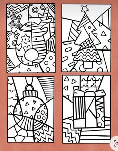 four coloring pages with different designs on them