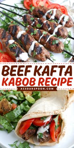 beef kabob recipe on a white plate with tomatoes and lettuce