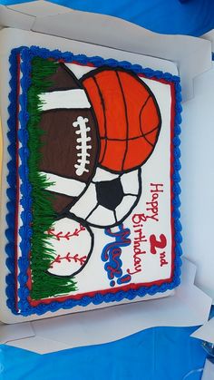 a birthday cake decorated with an image of a football and a ball on the side