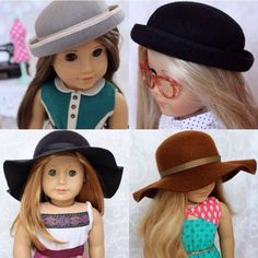 three dolls wearing hats and dresses, one is blonde the other has brown hair with glasses