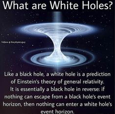 a black hole with white holes in the center and text that reads, what are white holes? like a black hole, a white hole is a projection of