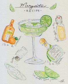 a drawing of margarita recipe with limes and bottles