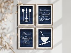 four blue kitchen wall art prints hanging on a wall next to a vase with flowers