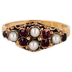 This is an antique handmade piece accented with baby pearls and rubies. Set in 15k gold. Weight: 2.2 Size: 7.75 Materials: 15k yellow gold, rubies & pearls Diamond: 5.7 x 5.7 Dinner Ring, Seed Pearl Ring, Ring Pearl, Baby Pearls, Single Stone, Seed Pearl, Pearl Diamond, Multi Stone Ring, Favorite Rings