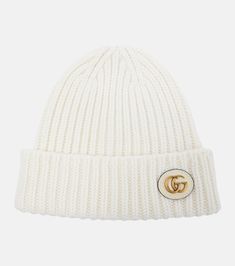 Wool and cashmere leather-trimmed beanie in white - Gucci | Mytheresa Classic White Wool Hat, Classic White Winter Beanie, Classic White Beanie For Winter, Elegant White Wool Hat, Classic Wool Beanie Hat, Classic Wool Beanie, Gucci Beanie, Gucci Pattern, Luxury Coat