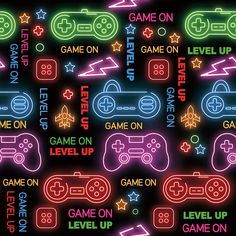 neon video game controllers on black background with words that spell out games and level up