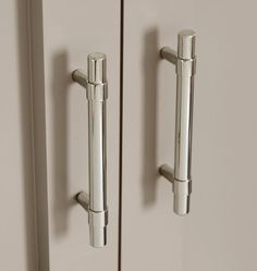 two metal handles on the doors of a white cabinet