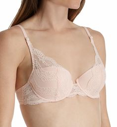 Romantic and whimsical, this scalloped Calais Leavers lace bra has semi sheer straps and a two-part balconette cup. Made of polyamide, elastane and cotton. Underwire bra features an interior vertical cup seam that shapes and imparts an even, smooth, rounded look. Lightly padded cup has a lace overlay with scalloped edges for a romantic look. Bandless front is more comfortable for short-waisted women. Arched center panel with a scalloped lace overlay. Mesh sides and back have sewn-on elastic alon Fitted Pink Lace, Fitted Pink Lace Tops, Delicate Lace Bra With Lace Trim, Feminine Lace Push-up Bra, Pink Feminine Bra For Wedding, Elegant Pink Bra With Delicate Lace, Pink Lace Trim Bra For Wedding, Wedding Bra With Pink Lace Trim, Wedding Bra With Lace Trim In Pink