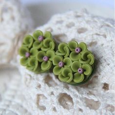 two green flowers are sitting on top of a white piece of lace with pink buttons