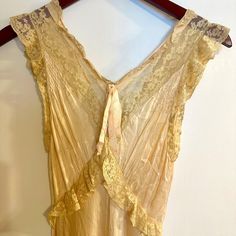 Gorgeous Rare ~1930s Antique Hollywood Silk And Lace Nightgown. Hollywood Regency. Trousseau. Antique Lingerie. Cream/Peach Color. French Lace. Bias Cut. Tie Back. Maxi Length. Wedding Gown. Very Good Condition. Very Rare 1930s Slip Dress, Vintage V-neck Evening Slip Dress, Vintage V-neck Wedding Sleepwear, Vintage Silk Slip Dress For Wedding Night, Vintage Slip Dress For Wedding Night, Vintage V-neck Sleep Dress, Vintage Lace V-neck Nightgown, Vintage Silk Slip Dress With Lace Trim, Sheer Vintage Slip Dress