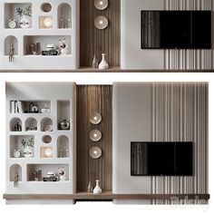 two photographs of a living room with white walls and wooden shelves on either side of the wall