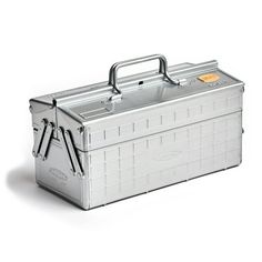 an aluminum tool box with two handles on the front and one handle on the back