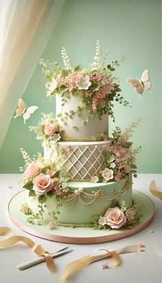 a three tiered cake with flowers and butterflies on the top is surrounded by ribbons