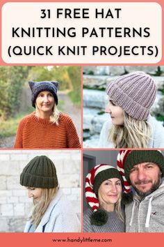 three knitted hats with text overlay that says 31 free hat knitting patterns quick knit projects