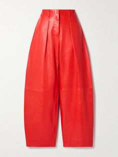 Jacquemus' Spring '24 collection is inspired by the work of sculptor Alberto Giacometti - specifically his 1920s piece,  Femme Cuillère  - and the resulting designs are a play on volume and proportion. These pants are cut from vibrant red leather and have pleated barrel legs and a high waist. Brazil Clothing, Jean Trench Coat, Denim Flats, Matching Separates, Alberto Giacometti, Sports Trousers, Sport Swimwear, Red Pants, Dope Outfits