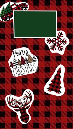 christmas stickers on a red and black checkered table cloth with a green sign