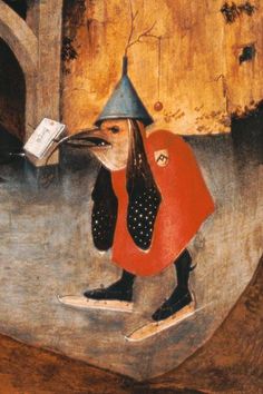 a painting of a bird wearing a red coat and blue hat with a book in it's mouth