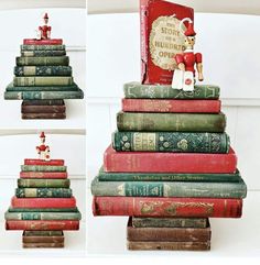 there is a stack of books that are stacked on top of each other with a santa figure