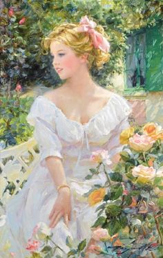 a painting of a woman sitting on a bench with flowers in her hair and wearing a white dress