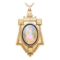 A fine antique revival style pendant.  In 14 karat yellow gold.  In the style of Eugene Fontenay.  Center-set with an oval enamel plaque depicting Venus & Cupid in a garden setting.  With twisted wirework & granulation decoration throughout.  The pendant opens to reveal a compartment with a reserve for a photo or keepsake.   Simply a wonderful antique locket!  (Chain for display only and not included.)  Date: 20th Century  Overall Condition: It is in overall good, as-pictured, used estate condition.  Condition Details: The bail has a peened pin that has some roughness (on the backside of the bail). There is noticeable scratching to the reverse of the pendant, and when the pendant closes it has a slight smile at the bottom. There are losses to the edges of the black enamel surround in the e Locket Chain, Pendant Locket, Antique Locket, Antique Jewelry Necklace, Antique Victorian, Black Enamel, Vintage Watches, Locket, Antique Jewelry