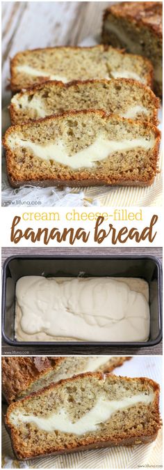 two pictures of banana bread with cream cheese on top, and the bottom one has been sliced