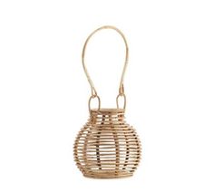 a small bamboo basket hanging from a hook on a white background with clippings