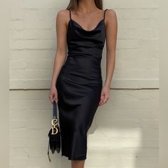 Brand New, Great Condition, All With Tags On Aside From 1 Dress. Satin Material, Cowl Neck Slip Dress (Au) Sizes: 8, 10, 12 (Us) Fit: S, M, L Size 8 Worn Once, Great Condition, No Tags Satin Dress Aesthetic, Silk Dresses Outfit, Black Satin Midi Dress, Elegant Silk Dresses, Satin Noir, Black Silk Dress, Black Slip Dress, Black Satin Dress, Dress Aesthetic