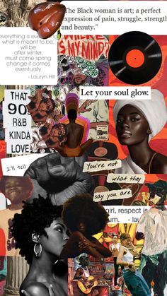 the collage has many different pictures and words on it, including an afro woman