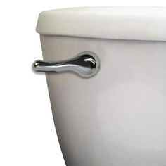 a close up of a toilet with a chrome handle on the tank and seat cover