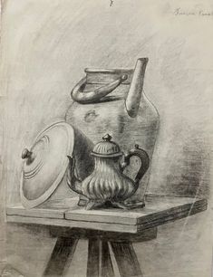 a drawing of teapots and other items on a table