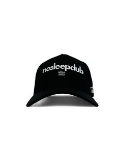 Get ready to level up your headwear game with the No Sleep Club Hat - All Black. Featuring a premium 5-panel design, seamless structured front panel, and an adjustable snapback closure, this hat is made from 100% cotton and is adorned with an embroidered logo on the front and side. Stay stylish and comfortable with this must-have hat. Black Trucker Hat With Curved Visor For Streetwear, Adjustable Snapback Hat With Logo Patch, Black Curved Bill Hat For Streetwear, Streetwear Hat With Curved Visor, Black Snapback Hat With Curved Bill For Streetwear, Urban Snapback Hat With Embroidered Logo And Curved Visor, Adjustable Snapback Trucker Hat With Embroidered Logo, Adjustable Curved Brim Fitted Hat For Streetwear, Adjustable Fitted Hat With Curved Brim For Streetwear