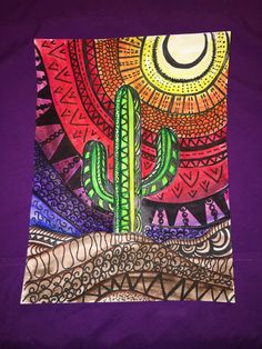 a drawing of a cactus in front of a purple background with the sun behind it