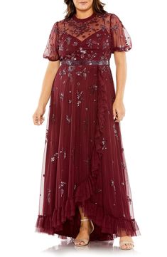 FABULOUSS BY MAC DUGGAL Beaded Floral Short Sleeve Gown | Nordstrom Velvet Plus Size, Sage Green Bridesmaid Dress, Queen Dresses, Macy Dresses, Jasz Couture, Navy Blue Bridesmaid Dresses, Vestidos Color Rosa, Plus Size Prom, Sleeve Gown