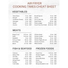 the menu for an air fryer cooking times sheet is shown in red and white