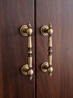 two brass handles are on the wooden cabinet doors, one is turned to look like it's holding something