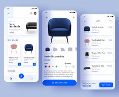 three mobile app screens showing furniture items and the same item on each screen, with different colors