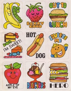 an old school sticker sheet with various foods and words on it, including hot dogs, hamburgers, apples, bananas, and more