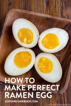 how to make perfect ramen egg on a wooden cutting board with text overlay