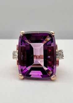 Antique Art Deco 14K Rose Gold Flat Cut Amethyst Diamond & Ruby Ring Size: 6- Can Be Sized Without Damaging  Weight is 8.6 Grams on My Scale Metal: 14k Rose Gold - Tested Ring Face Size is 17mm Tall In the Center Amazing Purple Flat Cut Amethyst & Diamond & Ruby Accents Gemstones Amethyst Stone is 17mm x 13mm x 8mm In Great Condition, Any Questions Please Feel Free to ask Thank you Luxury Rose Gold Amethyst Ring With Center Stone, Pink Amethyst Ring For Formal Occasions, Luxury Rose Gold Amethyst Ring, Formal Rose Gold Amethyst Ring With Gemstone Accents, Rose Gold Flats, Purple Flats, Antique Jewelry Rings, Gold Flats, Antique Art Deco