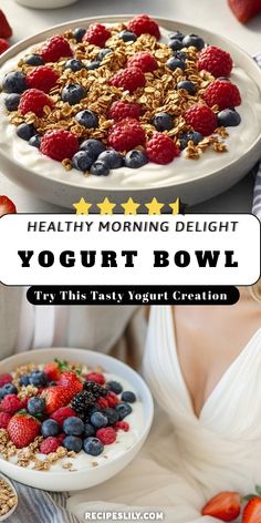 yogurt bowl with berries, blueberries and strawberries in it on a table