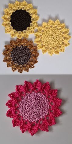 three crocheted flowers are shown on the left and right sides, with one flower in the middle