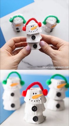 snowmen made out of toilet paper are shown in the process of making them look like they